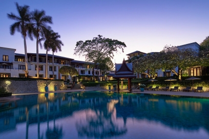 Outdoor pool flanked by Ocean Side guest rooms at Chiva-Som Hua Hin